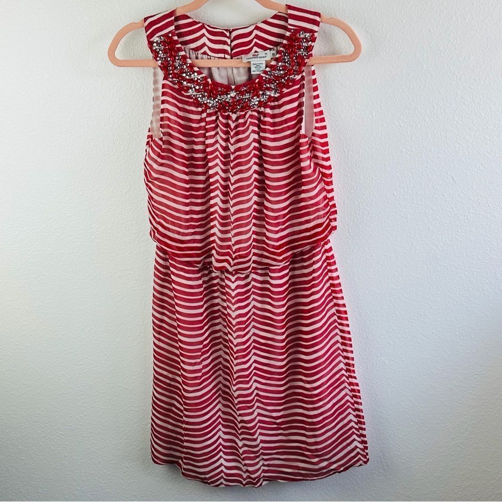 Vineyard Vines Red White Stripe Embellished Silk Dress Lined Size‎ XS